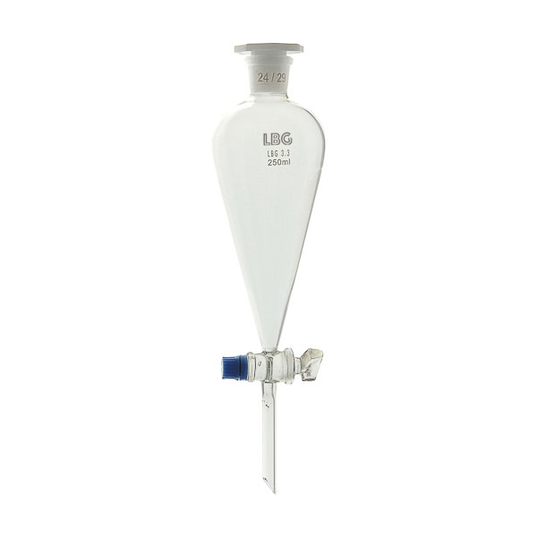 Separatory funnel, with screw type needle valve and plastic stopper, GLASSCO