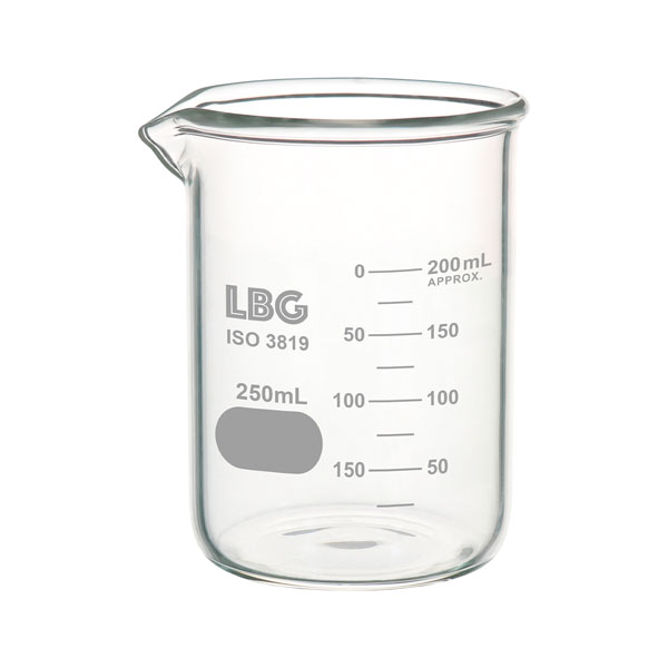 Thick-walled beaker, low form with double capacity scale, LBG