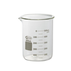 Thick-walled beaker, low form with double capacity scale, GLASSCO