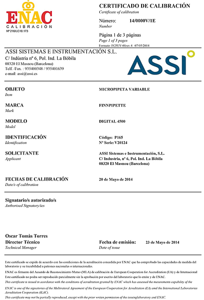 Calibration certificate for variable volume micropipettes