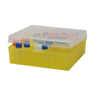 Plastic vial freezer box with hinged lid