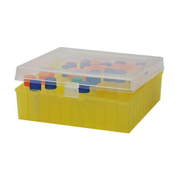 Plastic vial freezer box with hinged lid