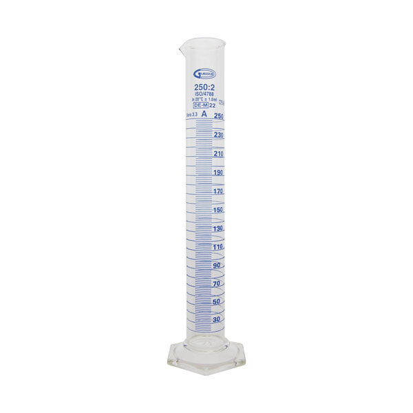 Measuring cylinder, hexagonal base, class A, GLASSCO