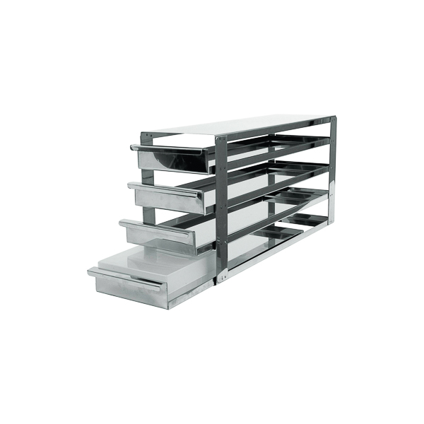 Racks for upright freezers with removable trays