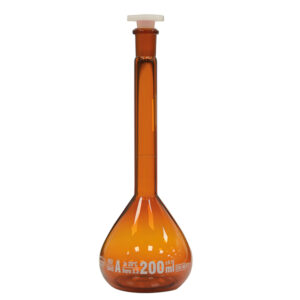 Volumetric flask amber class A with plastic stopper, GLASSCO