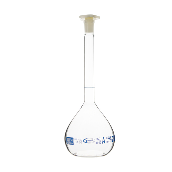 Volumetric flask class A with individual certificate and QR code, GLASSCO