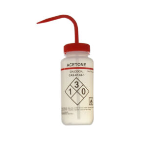 Safety wash bottle, labelled, with anti-drip system